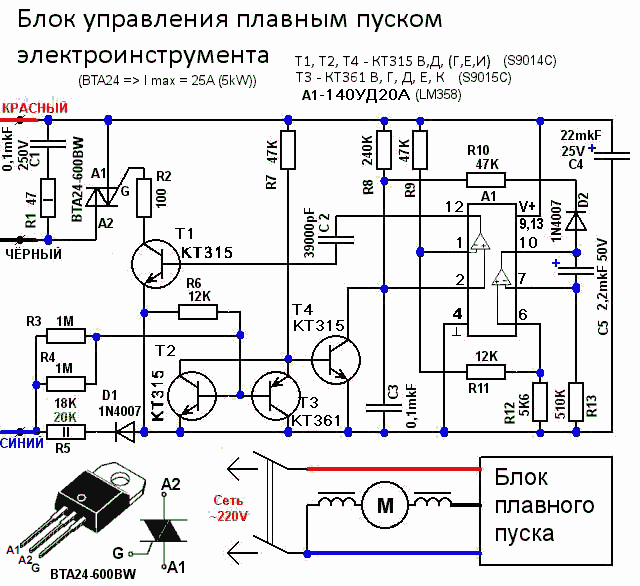 Схема плавного пуска электроинструмента своими руками. Схема плавного пуска электродвигателя болгарки. Плавный пуск коллекторного двигателя 220в схема. Устройство плавного пуска схема электрическая принципиальная. Плавный пуск электродвигателя 220 схема.