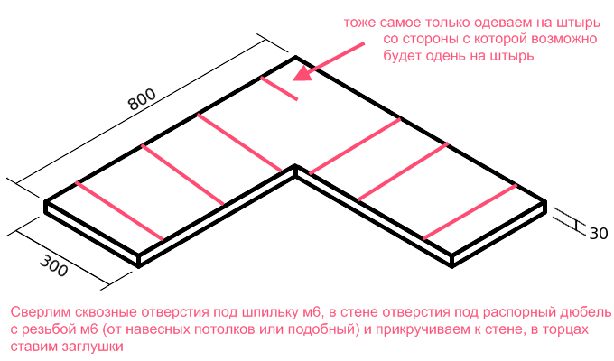 Крепление угловой полки к стене скрытое